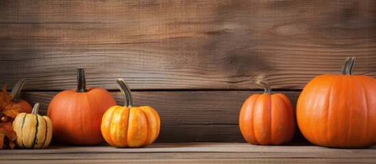 Aufkleber - Autumn pumpkins of various sizes in orange and yellow on a rustic wooden background with soft lighting creating a warm seasonal atmosphere