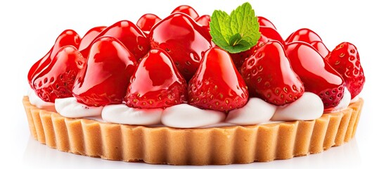 Poster - Strawberry tart featuring vibrant red strawberries on a creamy white layer, set against a clean white backdrop with ample negative space.