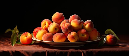Poster - Ripe yellow and orange peaches arranged on a white plate with green leaves on a dark wood table, soft shadows create a warm, inviting atmosphere