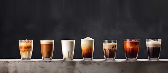 Poster - Diverse array of coffee drinks in glass cups arranged on a concrete surface with a dark background showcasing various textures and colors.