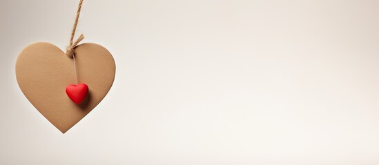 Poster - Simple brown heart shape with a small red heart hanging in the center against a soft beige background, positioned to the left side of the image.