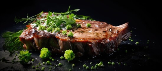 Aufkleber - Fresh pork neck steak on a dark background garnished with green onions and parsley with scattered herbs, ideal for culinary presentation and ads.