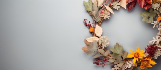 Poster - Autumn wreath featuring colorful leaves and flowers in a round frame against a soft grey background with ample copy space on the right side