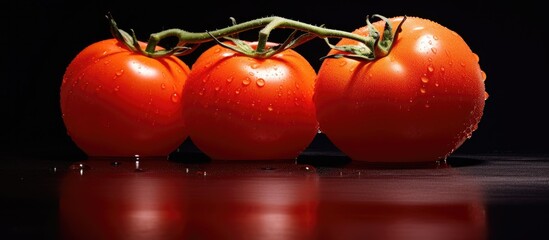 Poster - Three glossy red tomatoes on a reflective black surface, with droplets of water, arranged closely together, providing ample copy space.