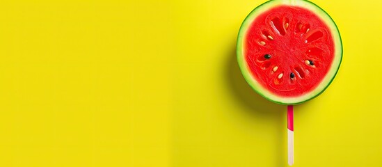 Poster - Vibrant watermelon slice on a bright yellow background creating a fresh and playful contrast with a pop of red and green accents.