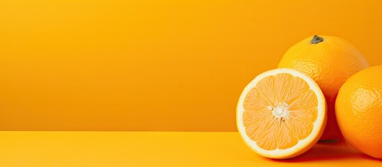Poster - Ripe freshly cut lemon in foreground on vibrant orange background with bright yellow tones and ample negative space for text and design elements.