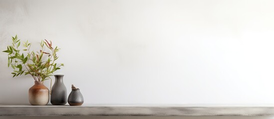 Poster - Minimalist interior scene featuring three vases in earthy tones on a wooden shelf against a light gray wall with green foliage.