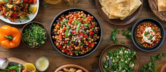 Poster - Vibrantly colored black-eyed peas dish in a black bowl on a rustic wooden table surrounded by fresh vegetables and herbs emphasizing rich textures