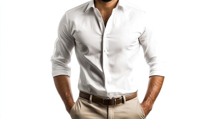Poster - a modern look: man in a white shirt and khakis, standing confidently against a seamless white backgr