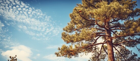 Aufkleber - Majestic pine tree in foreground under a clear blue sky with scattered clouds showcasing vibrant greens and earthy browns emphasizing nature's beauty