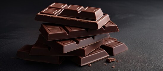 Poster - Dark milk chocolate bars stacked strategically in high angle view on a gray textured background with ample negative space for text and graphics.