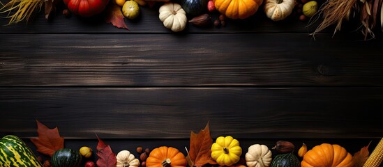Poster - Autumn vegetables arrangement featuring colorful pumpkins and gourds on a dark wooden surface with vibrant leaves framing the top and bottom edges.