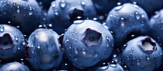 Aufkleber - Close-up of fresh blueberries with water droplets on a dark background showcasing vibrant blue tones and highlights on rounded berry surfaces.