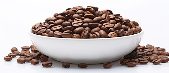 Poster - Close up of a large bowl of roasted coffee beans on a white background with ample space for text showcasing rich brown tones and varying shapes