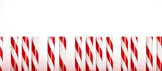 Aufkleber - Red and white striped candy canes arranged horizontally at the bottom of a bright white background creating ample copy space for design elements.