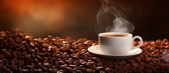 Poster - Aromatic coffee cup on a bed of dark coffee beans with steam rising in the background, warm tones, ample space for text or images.