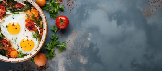 Poster - Breakfast plate featuring two fried eggs surrounded by fresh vegetables including tomatoes and herbs on a textured dark blue background