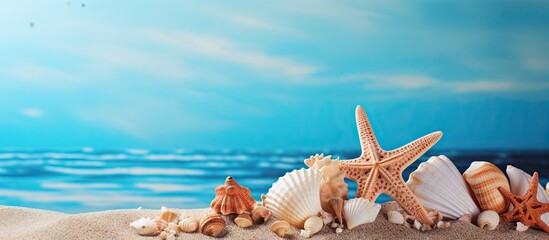 Poster - Vibrant coastal scene with scattered starfish and cockleshells on sandy beach, azure sky and calm ocean in background creating serene atmosphere