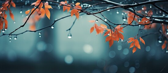 Poster - Abstract image showcasing blurred branches with vibrant orange leaves, adorned with glistening raindrops, set against a soft focus blue background.