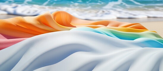 Poster - Colorful draped fabric in pastel shades of pink, orange, yellow, and white, positioned gracefully on a sandy beach with ocean waves in the background.