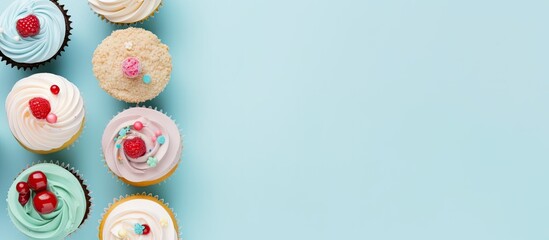 Poster - Colorful flat lay of assorted cupcakes including pink, blue, and white icing on a light blue background with ample space for text on the right