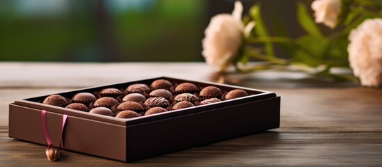 Poster - Elegant dark wooden box filled with assorted chocolate candies displayed on a rustic table with soft floral elements and natural lighting.