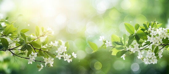 Fototapete - Bright green foliage with blurred white flowers creates a serene bokeh background illuminated by sunlight on the left and right sides.
