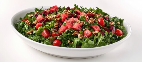 Poster - Vibrant beet salad with fresh greens, red tomatoes, and crunchy nuts in a white bowl against a light background showcasing healthy ingredients.