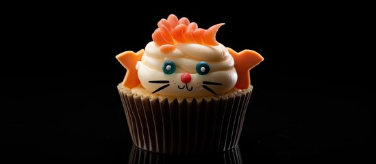 Poster - Cute cat-themed cupcake with orange frosting, chocolate base, and playful decorations on black background. Ideal for dessert promotions and celebrations.