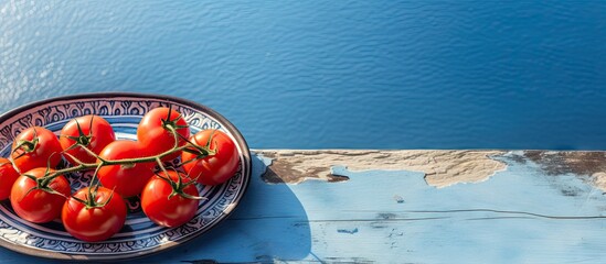 Poster - Fresh ripe red tomatoes with green stems arranged on a decorative plate, placed against a vibrant blue wooden surface and background.