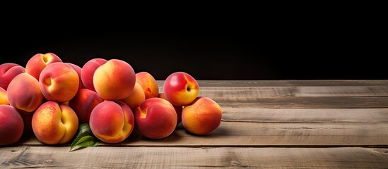 Poster - Juicy nectarines in various shades of orange and yellow piled on an aged wooden table against a black background with ample copy space on the left.