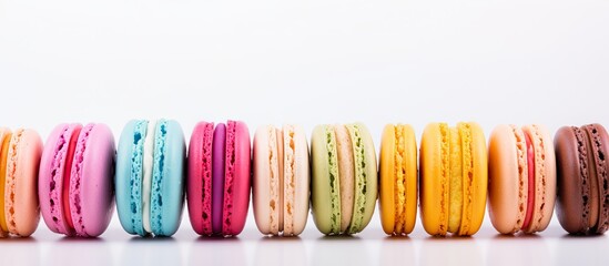Poster - Colorful macarons in pink, green, yellow and brown neatly arranged on a white background creating a delightful sweet copy space image.