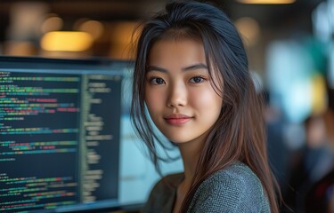 An intelligent Asian girl is coding engineering prompts while staring into the camera.