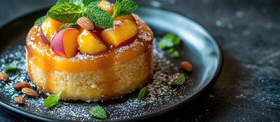 Poster - Peach and almond cake topped with mint leaves elegantly displayed on a matte black plate with a blurred dark background and ample copy space