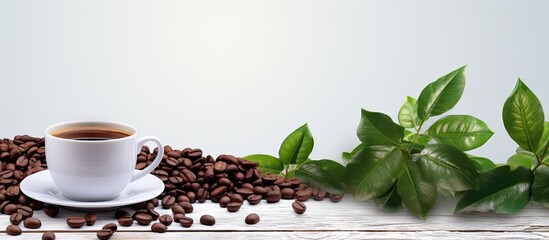 Poster - Freshly brewed coffee cup beside roasted beans and vibrant green leaves on a clean white background with ample negative space for text or design.