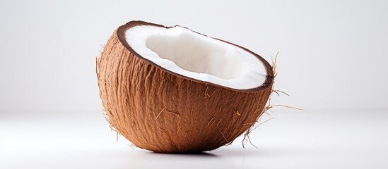 Poster - Half coconut shell with brown textured exterior and white inner flesh positioned on a minimalistic white background creating copy space for design.