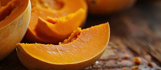 Poster - Vibrant orange pumpkin slices arranged on a rustic wooden surface highlighting fresh, healthy eating and nutritious food choices.