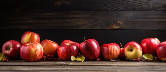 Poster - Fresh red and green apples scattered on a rustic wooden table with dark wooden background and vibrant green leaves adding natural contrast