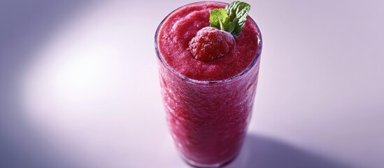 Aufkleber - Refreshing raspberry mint smoothie in a tall glass, garnished with a mint leaf, on a soft purple background, showcasing vibrant red hues.