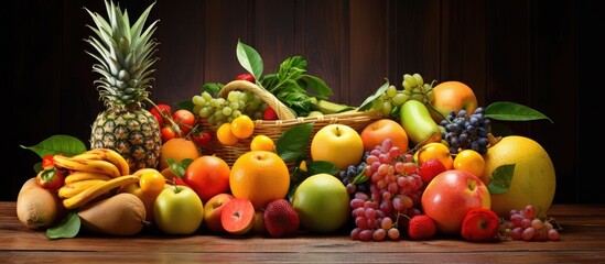 Aufkleber - Vibrant arrangement of assorted fruits including pineapples, grapes, oranges, and bananas against a dark wooden background with green leaves.