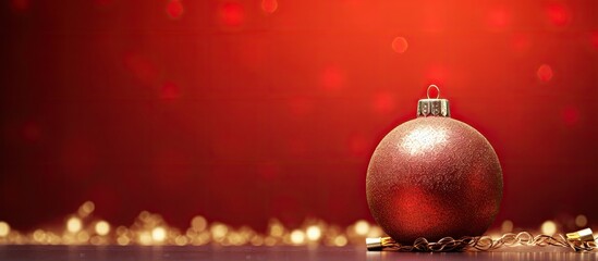 Poster - Festive red Christmas ornament on the right with golden decoration elements and a vibrant red bokeh background creating ample copy space.