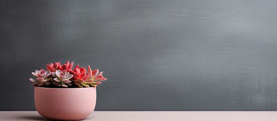 Aufkleber - Contemporary succulent plants in a stylish pink pot positioned left against a smooth gray wall with ample copy space on the right side.