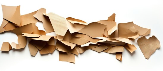 Fototapete - Brown cardboard paper fragments artistically arranged against a clean white background with soft shadows creating depth and texture.