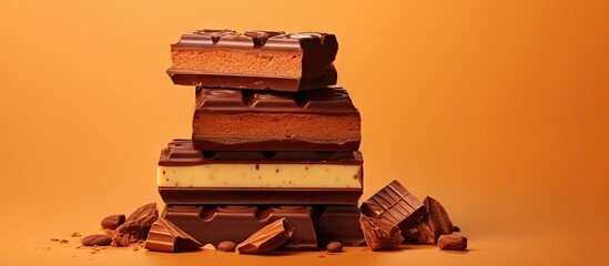 Poster - Stacked chocolate bars with caramel on a warm orange background, featuring rich brown tones and ample space for text overlay in the foreground.