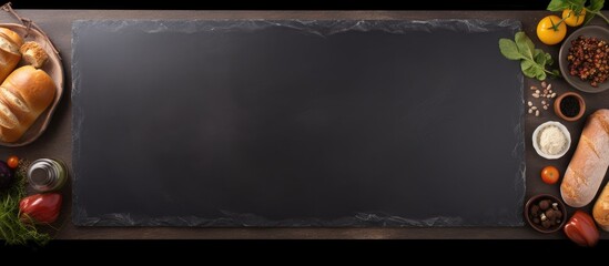 Aufkleber - Rustic kitchen countertop with various bread, fruits, herbs, nuts, spices, and ingredients, arranged on a dark surface with a wooden trim.