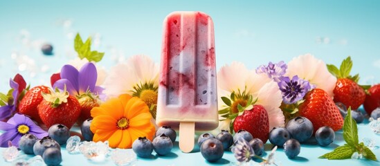 Aufkleber - Colorful berry popsicle in the center with vibrant strawberries blueberries and flowers surrounding it against a soft blue background