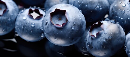 Aufkleber - Fresh blueberries covered in water droplets arranged closely in a dark setting showcasing deep blue tones and glistening surfaces.