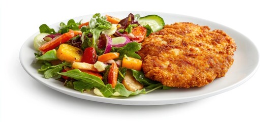 Poster - Crispy golden chicken cutlet alongside a colorful fresh vegetable salad on a white plate with vibrant greens and bright accents inviting a delicious meal