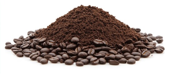 Poster - Rich dark roasted arabica coffee beans and a mound of finely ground espresso display deep brown tones ideal for a strong coffee experience