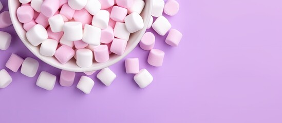 Poster - Colorful marshmallows in a white bowl on a light purple background with ample copy space for branding and design elements in flat lay style.